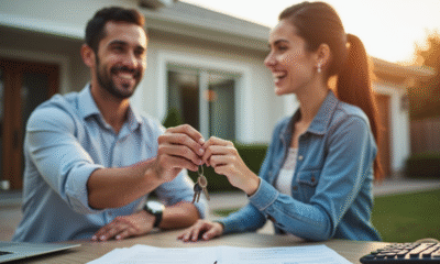 Agent immobilier remettant les clés à un couple devant une maison moderne