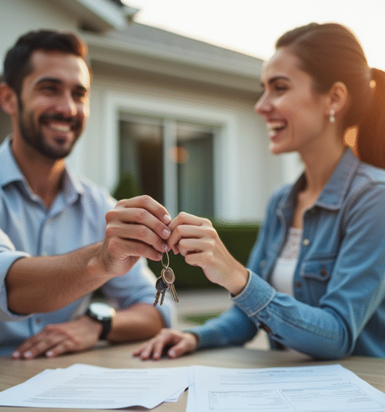Agent immobilier remettant les clés à un couple devant une maison moderne