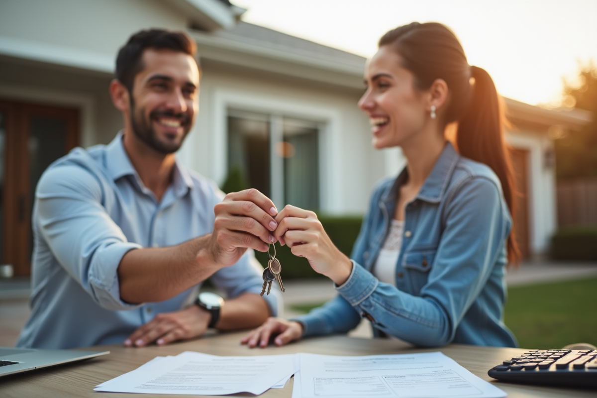 Agent immobilier remettant les clés à un couple devant une maison moderne