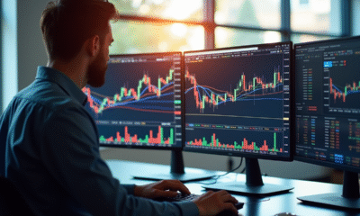 Analyste financier travaillant sur plusieurs écrans avec graphiques boursiers