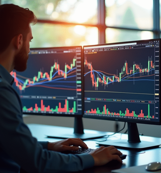 Analyste financier travaillant sur plusieurs écrans avec graphiques boursiers