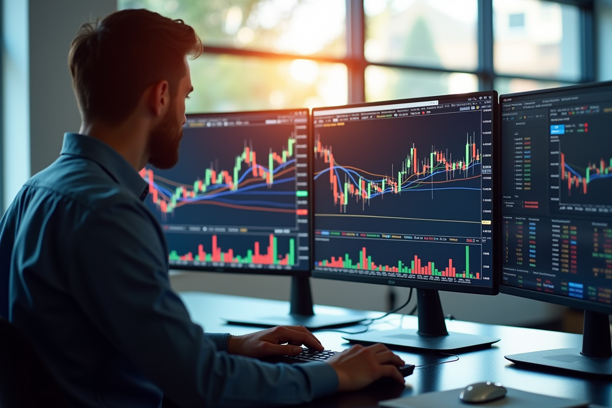 Analyste financier travaillant sur plusieurs écrans avec graphiques boursiers