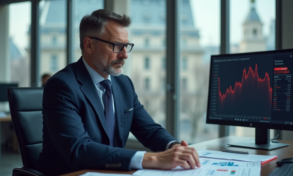Analyste financier en costume dans un bureau parisien