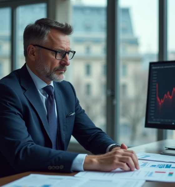 Analyste financier en costume dans un bureau parisien