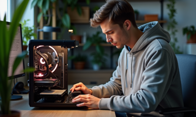 Jeune homme assemble un GPU dans un PC à domicile