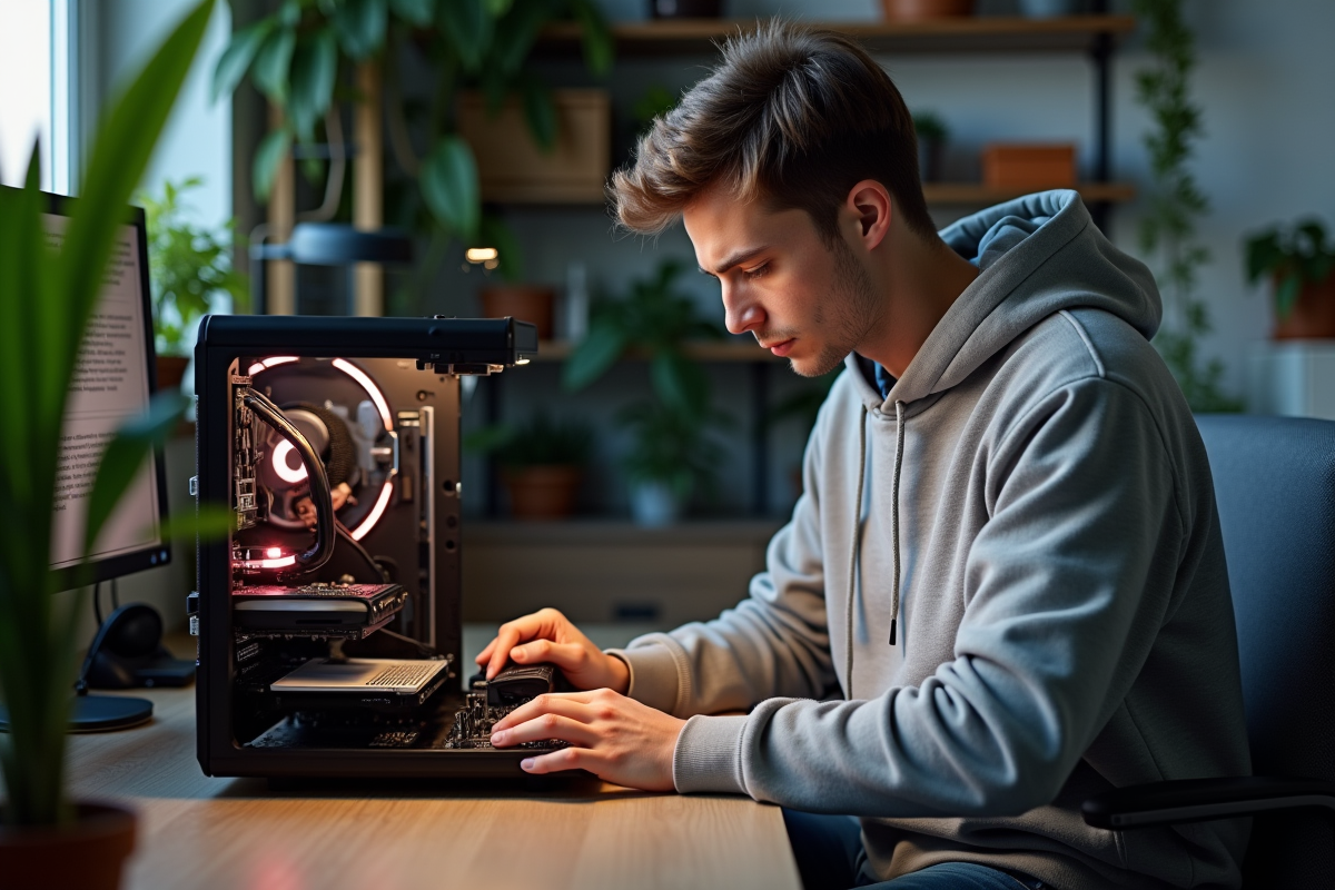 Jeune homme assemble un GPU dans un PC à domicile