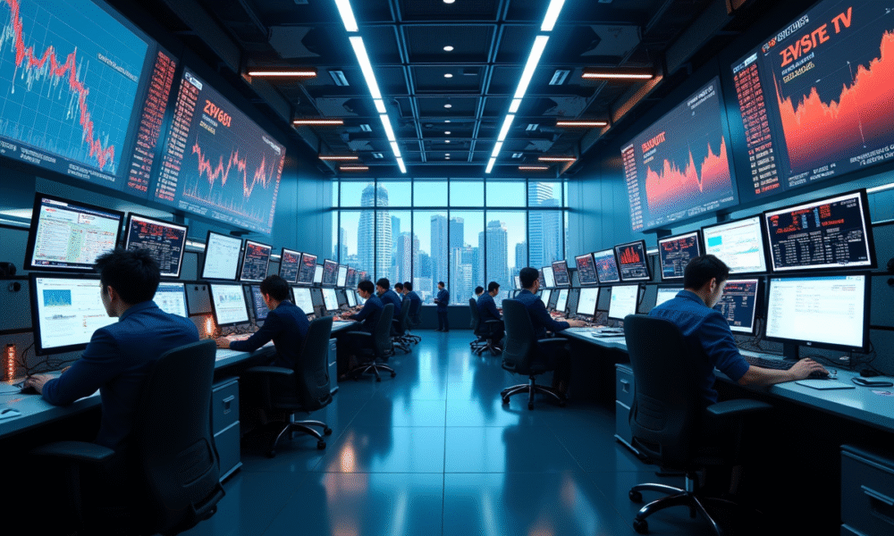 Salle de trading animée avec écrans et traders diversifiés