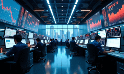 Salle de trading animée avec écrans et traders diversifiés