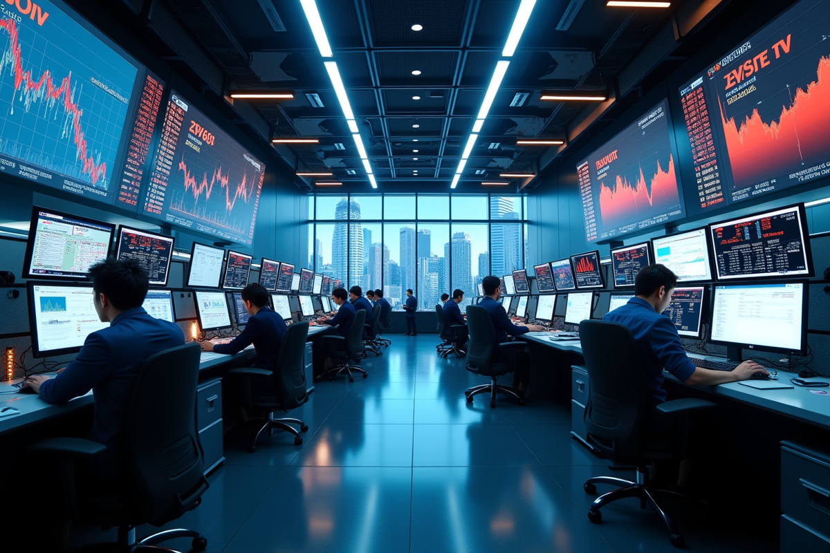 Salle de trading animée avec écrans et traders diversifiés