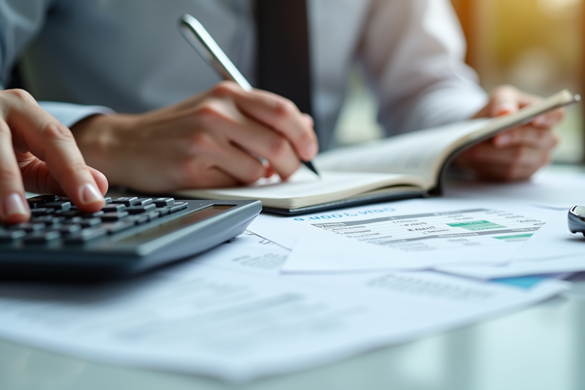 Mains utilisant une calculatrice et un carnet pour analyser des salaires