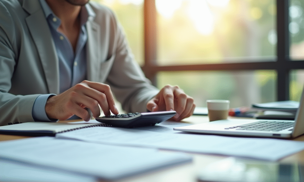 Professionnel calculant salaire net et taxes dans un bureau lumineux