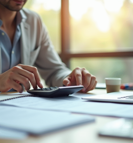 Professionnel calculant salaire net et taxes dans un bureau lumineux