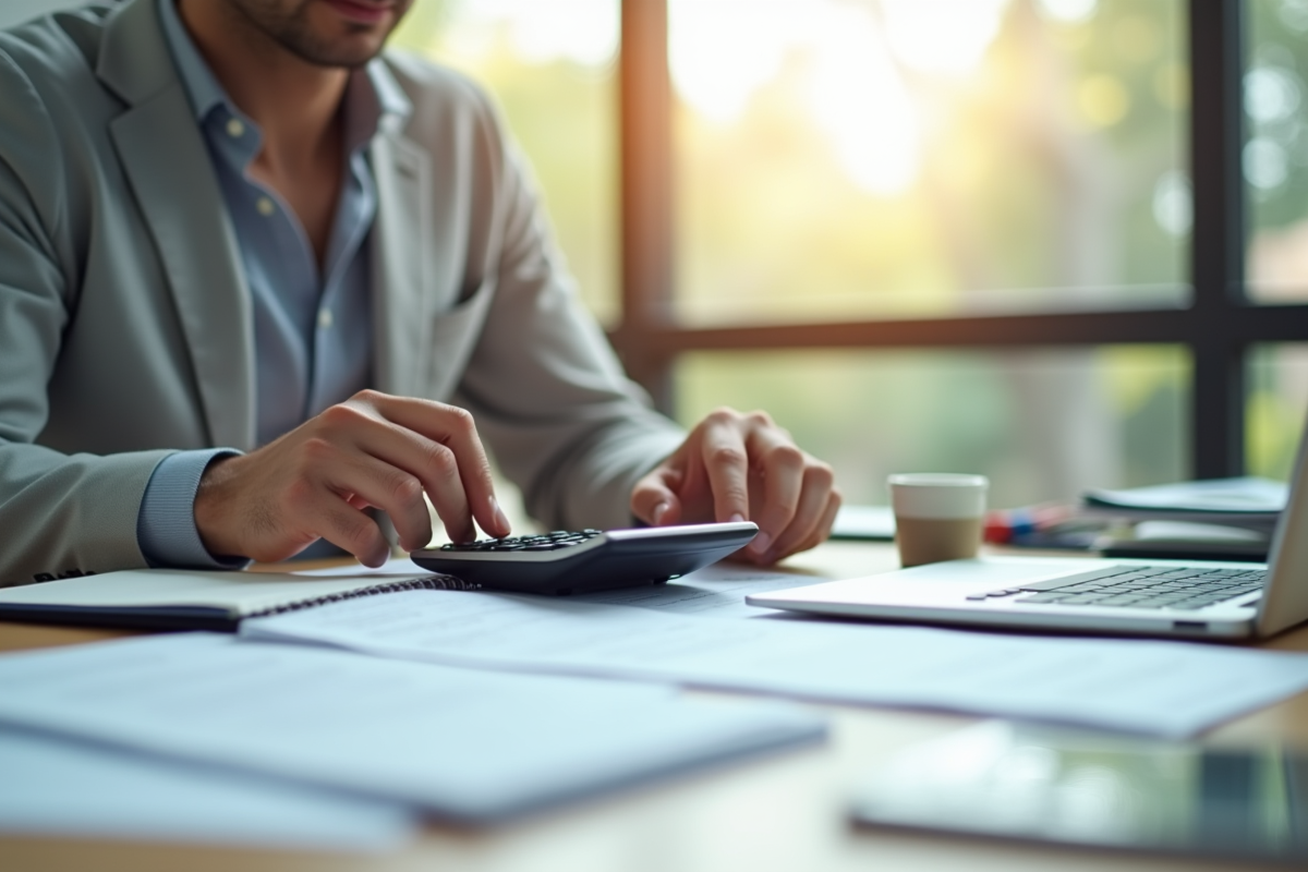 Professionnel calculant salaire net et taxes dans un bureau lumineux