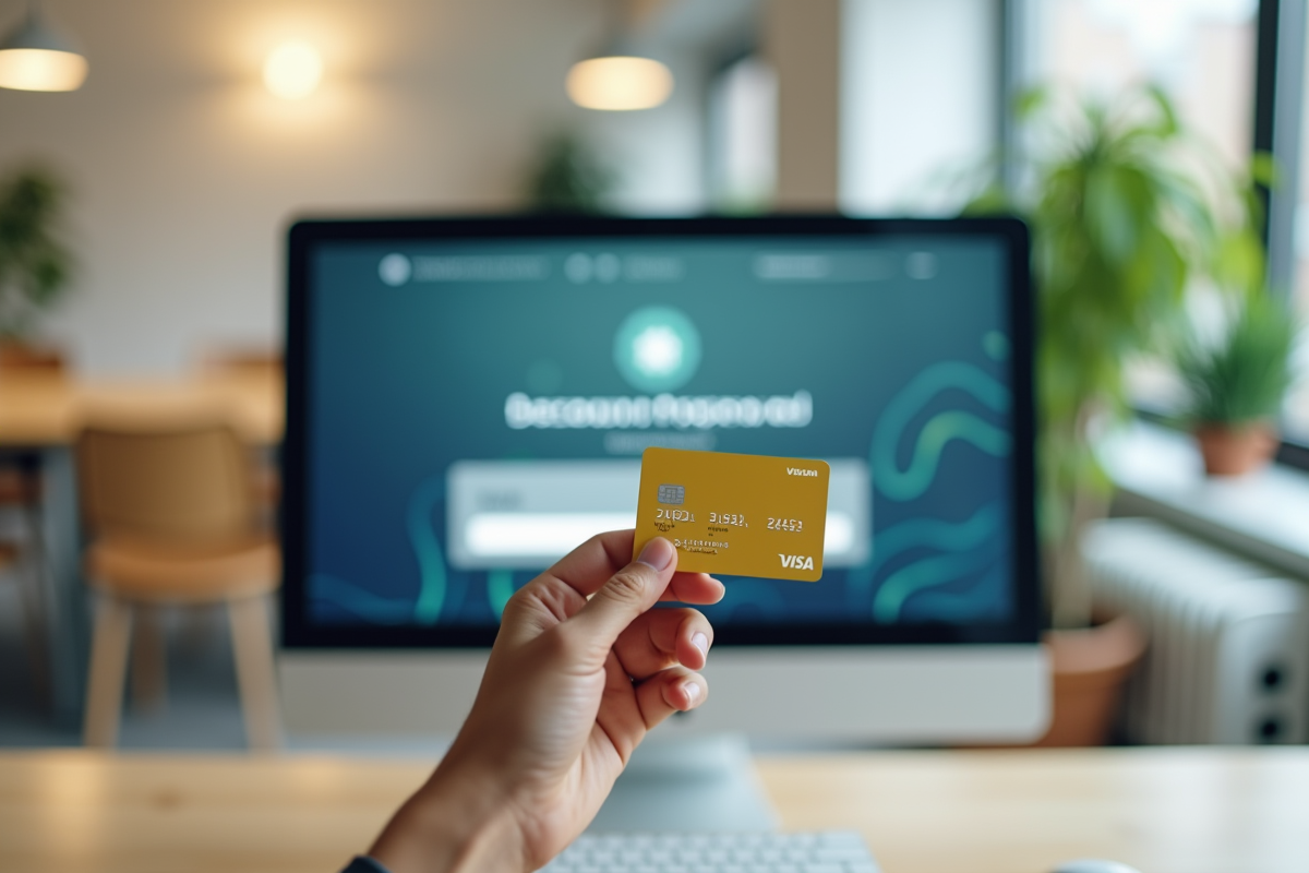 Main tenant une carte bancaire devant un ordinateur avec confirmation en ligne