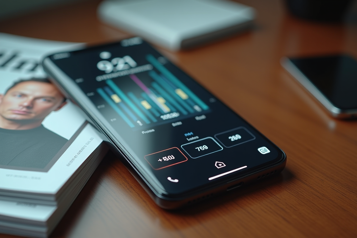 Timer numérique sur smartphone avec graphiques financiers en arrière-plan