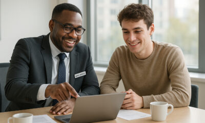 Conseiller bancaire professionnel avec client dans un bureau lumineux