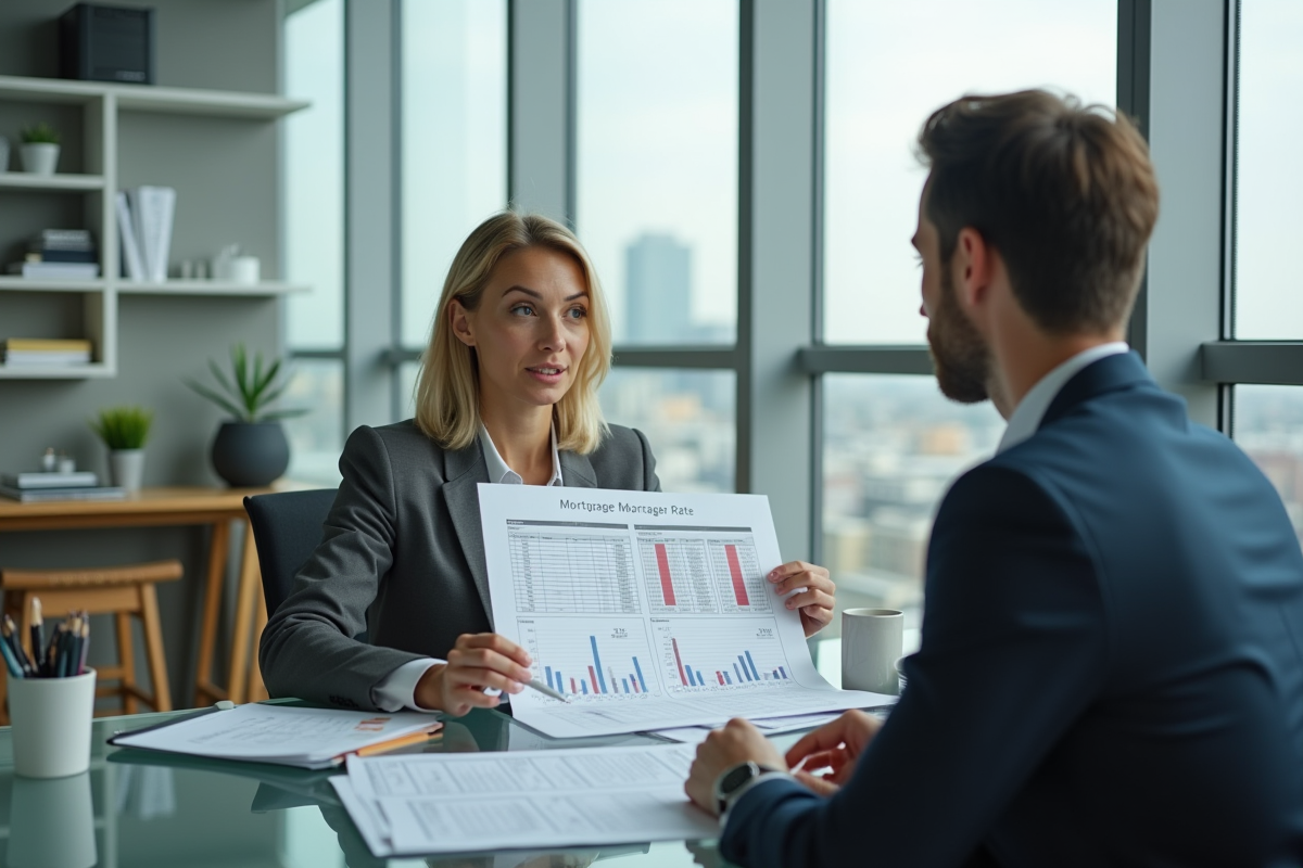 Conseillère financière explique des taux hypothécaires à un client