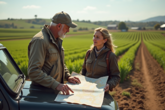 Couple à la ferme pointant une carte dans un champ