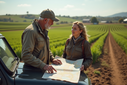 Couple à la ferme pointant une carte dans un champ
