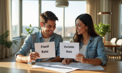 Jeune couple avec signes taux fixe et variable pour l'hypothèque