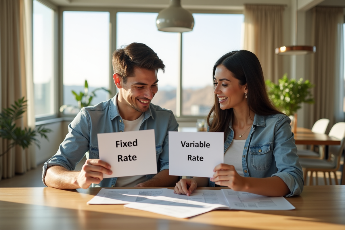 Jeune couple avec signes taux fixe et variable pour l'hypothèque