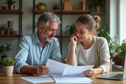 Couple en intérieur examine des documents de prêt immobilier