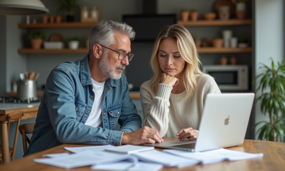Couple d'adultes examinant des documents d'assurance à la maison