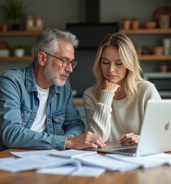 Couple d'adultes examinant des documents d'assurance à la maison