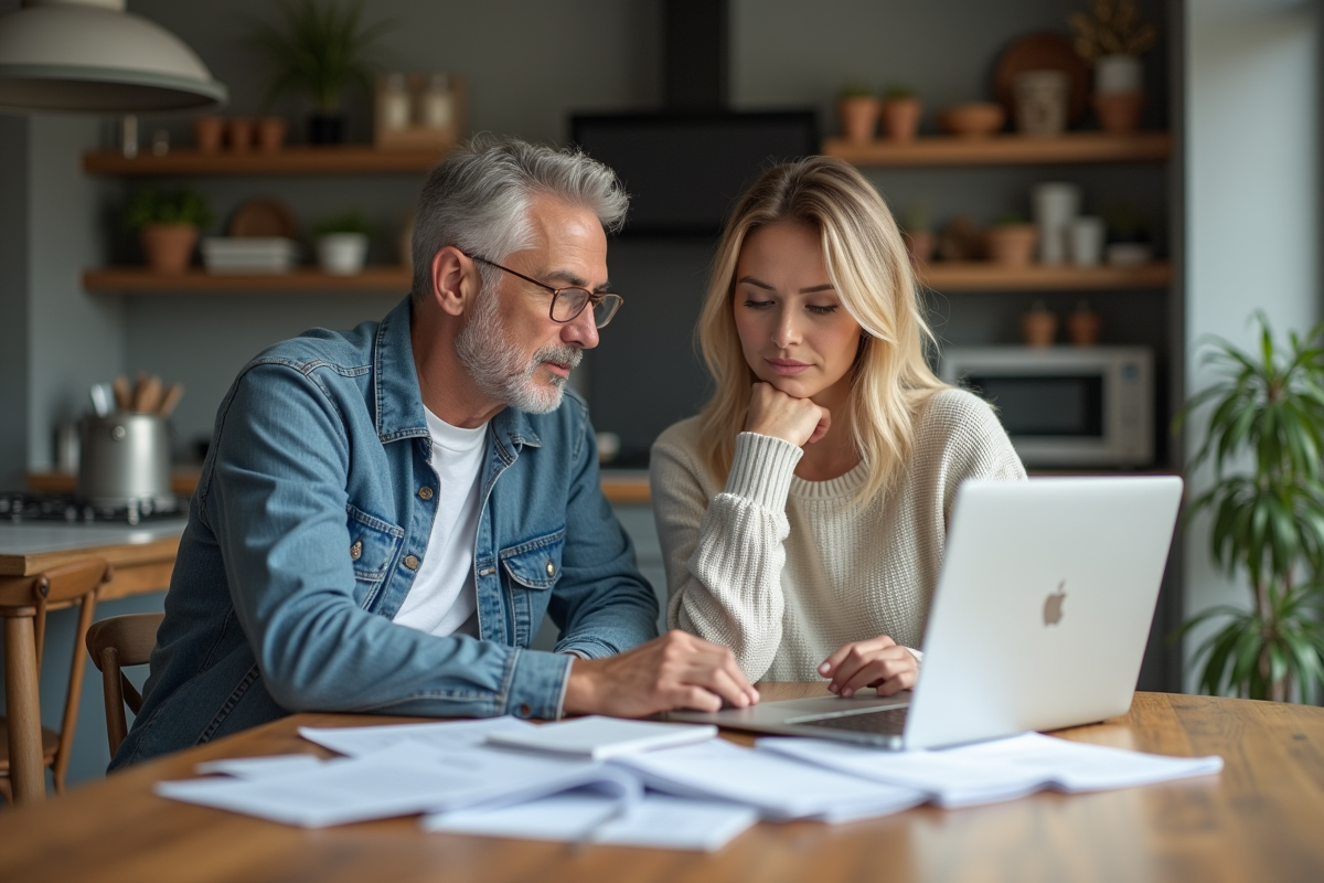 Couple d'adultes examinant des documents d'assurance à la maison