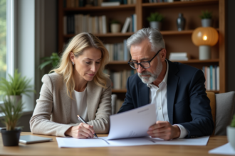 Couple d'adultes en bureau cosy examinant des documents de retraite