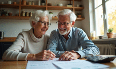 Couple senior souriant examinant des documents de retraite