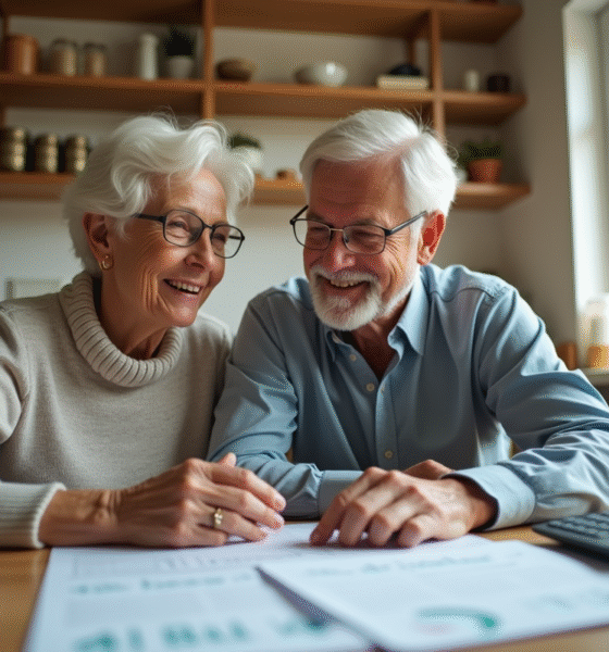 Couple senior souriant examinant des documents de retraite