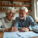 Couple senior souriant examinant des documents de retraite