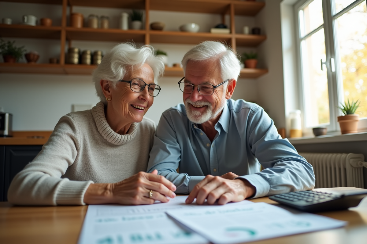 Couple senior souriant examinant des documents de retraite
