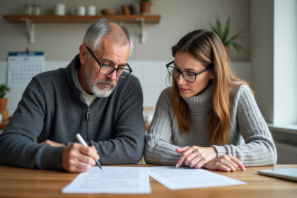 Couple d'adultes revoyant des papiers à la maison