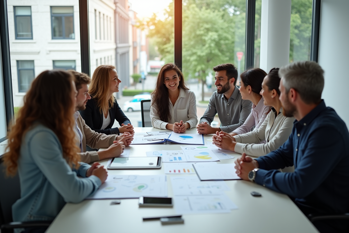 Groupe diversifié discutant finances autour d