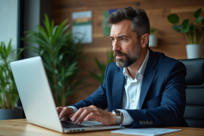 Homme d'affaires en costume bleu examine des graphiques carbone