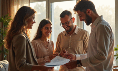Famille marocaine souriante avec conseiller en assurance dans leur salon