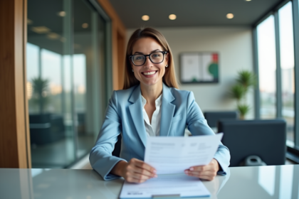 Femme d'affaires souriante dans une banque moderne