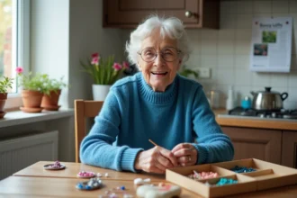 Femme retraitée créant des bijoux faits main dans sa cuisine