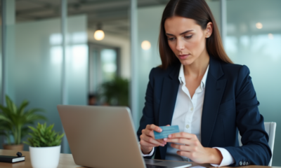 Femme en bureau examinant des cartes de crédit