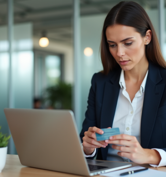 Femme en bureau examinant des cartes de crédit