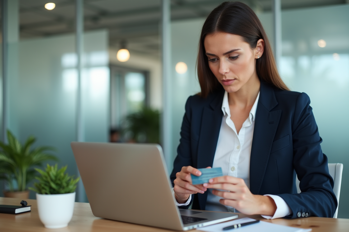 Femme en bureau examinant des cartes de crédit
