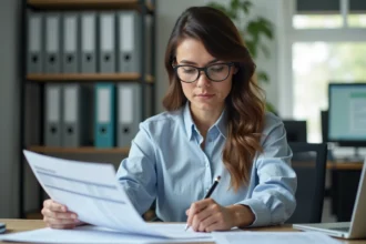 Femme professionnelle lisant un planning de paiement au bureau