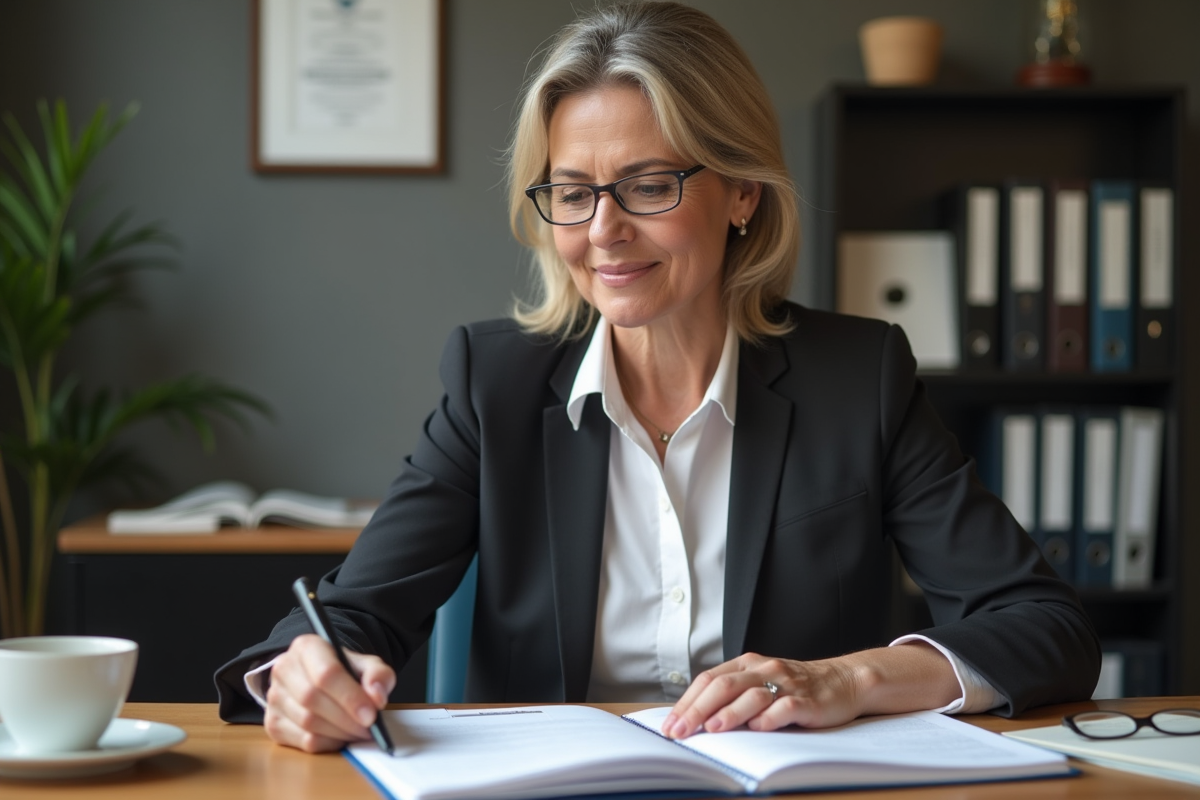 Femme d'âge moyen au bureau avec papiers et sourire