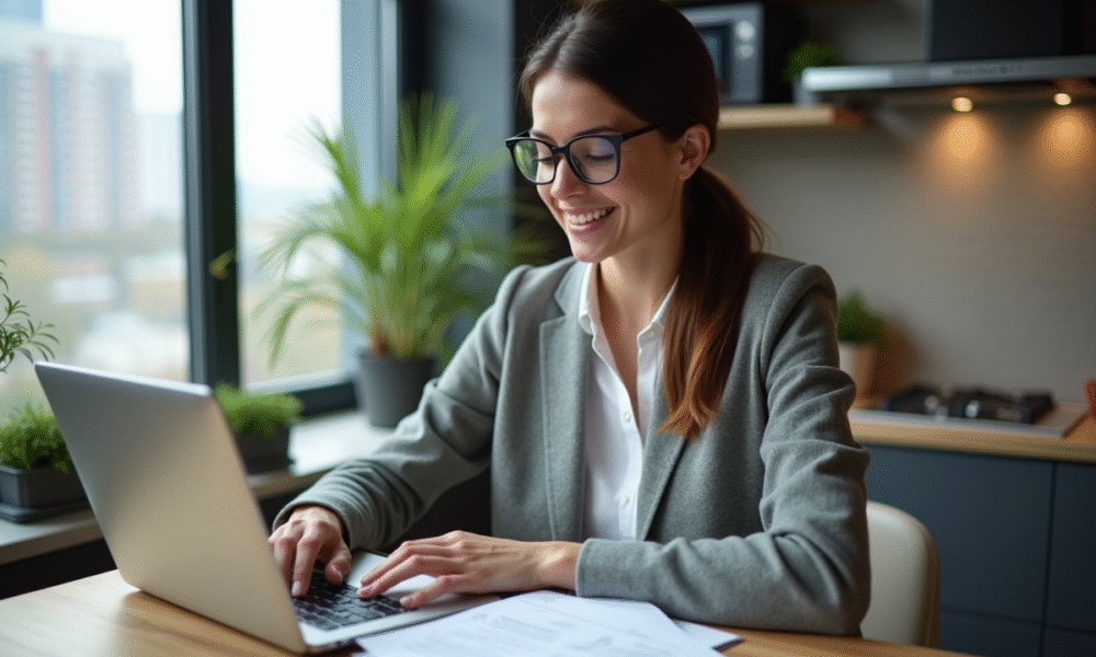 Jeune femme au bureau avec ordinateur et papiers