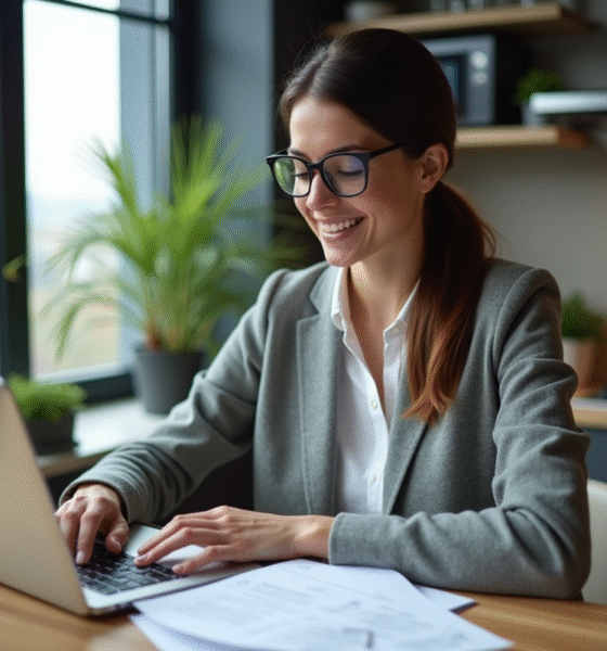 Jeune femme au bureau avec ordinateur et papiers