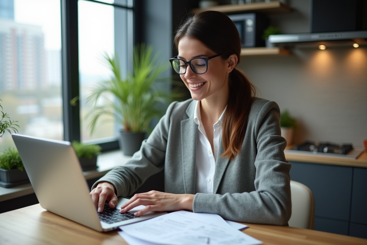 Jeune femme au bureau avec ordinateur et papiers