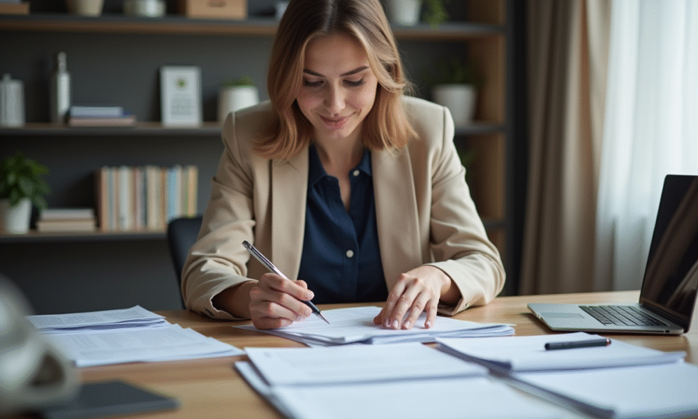 Femme en blazer beige organisant des papiers dans un bureau moderne