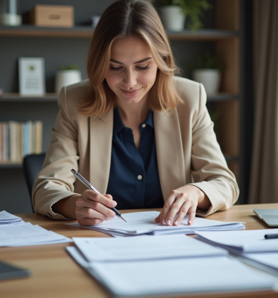 Femme en blazer beige organisant des papiers dans un bureau moderne